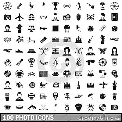 100 photo icons set, simple style Vector Illustration