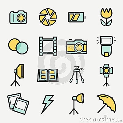 Photo icons set. Vector colored outline symbols. Vector Illustration