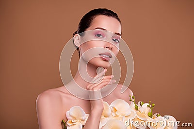 Photo of ideal perfect lady applying aromatherapy organic procedure with orchid extract enjoy flawless skin Stock Photo