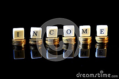 Illustration for flat income black background with reflection at the bottom, stack of golden rupiah, indonesia coin Cartoon Illustration