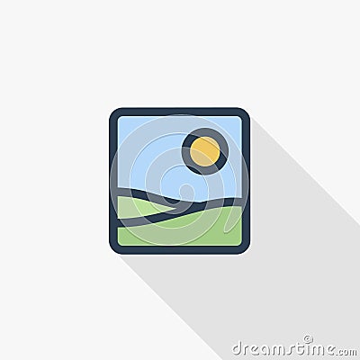 Photo image, photography file, picture gallery thin line flat color icon. Linear vector symbol. Colorful long shadow Vector Illustration