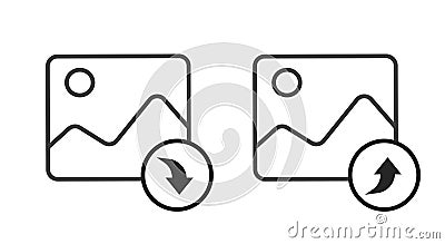 Photo image picture file upload icon vector line outline art, share download button graphic thin linear stroke design, Vector Illustration