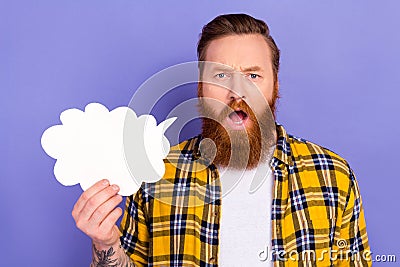 Photo of impressed person open mouth arm hold empty space clouds shape dialogue bubble card isolated on violet color Stock Photo