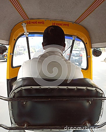 A photo inside of a private public transport called autorickshaw in a city of a India Editorial Stock Photo