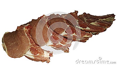 Photo of isolated pork tenderloin on a rib cut into pieces on a board on a white background Stock Photo
