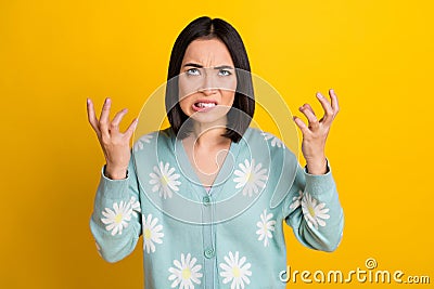 Photo of japanese funny aggressive unhappy woman bob black hair fight conflict looking angry up problems minded Stock Photo