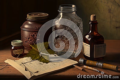 Still life with old books, quill pen and a bottle of medicine Stock Photo