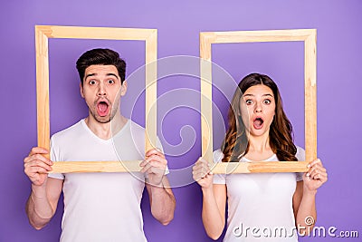 Photo lady guy listen news corona virus spreading world put faces into wooden frames open mouth keeping distance Stock Photo