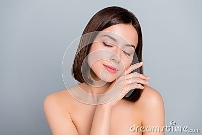 Photo of lady touch hands cheeks enjoy silky aesthetic pure fresh skin spa salon effect isolated over grey color Stock Photo
