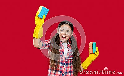 photo of laughing girl housecleaner do chores with sponge. girl housecleaner do chores Stock Photo