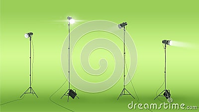 Photo lighting. Professional photo studio strobe light isolated on green background. Realistic spotlight 3D. Photo Stock Photo