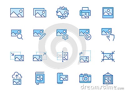 Photo line icon set. Image gallery, picture frame, printer, file resize, camera minimal vector illustrations. Simple Vector Illustration