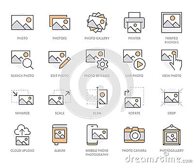 Photo line icon set. Image gallery, picture frame, printer, file resize, camera minimal vector illustrations. Simple Vector Illustration