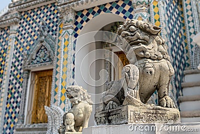 Lion sculpture Chinese art at Wat Phra Keaw Stock Photo