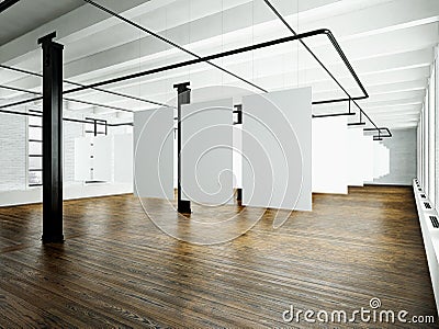 Photo of loft interior in modern building.Open space studio. Empty white canvas hanging.Wood floor, bricks wall Stock Photo