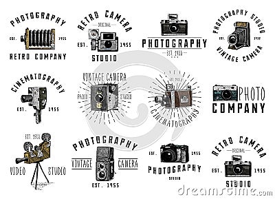Photo logo emblem or label, video, film, movie camera from first till now vintage, engraved hand drawn in sketch or wood Vector Illustration