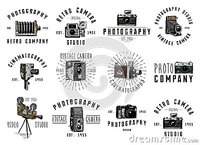 Photo logo emblem or label, video, film, movie camera from first till now vintage, engraved hand drawn in sketch or wood Vector Illustration