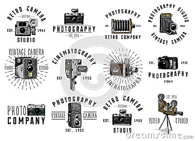 Photo logo emblem or label, video, film, movie camera from first till now vintage, engraved hand drawn in sketch or wood Vector Illustration