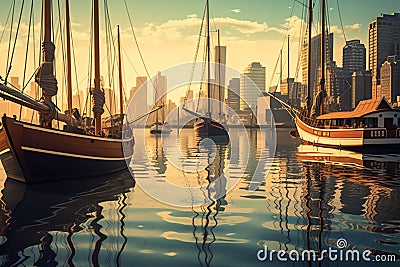 a lot of ship dock with city background ai generated Stock Photo