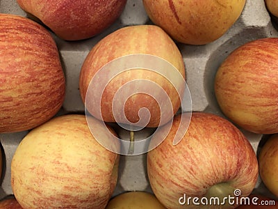 Photo lots of apples on the counter supermarket Stock Photo