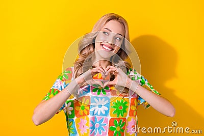 Photo of lovely girlfriend wife bride lady hands showing heart gesture flirty look side shy person yellow color Stock Photo