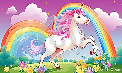 Photo of a majestic unicorn in a vibrant field with a stunning rainbow backdrop Stock Photo