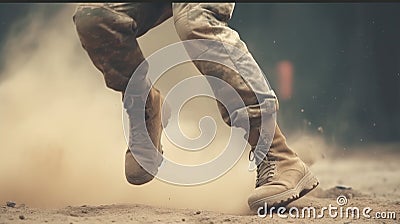 Photo of male Navajo military soldier kicking rock, focus on boot covered in dust. Stock Photo