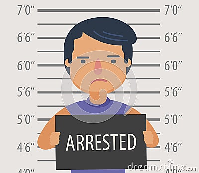 Photo of man arrested with sign in police station. Funny cartoon vector illustration Vector Illustration