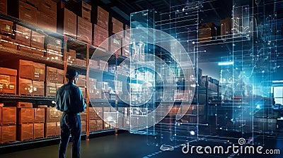 Photo of a man standing in front of a shelf filled with boxes Stock Photo