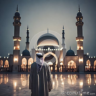 A Man in White Thawb Arabic Clothes Is Looking at the Grand Mosque in the Evening Stock Photo