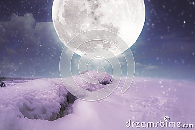 Landscape at snowfall with super moon. Serenity nature background. Stock Photo