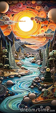 Vibrant Sunset River Illustration With Surreal 3d Landscapes Stock Photo