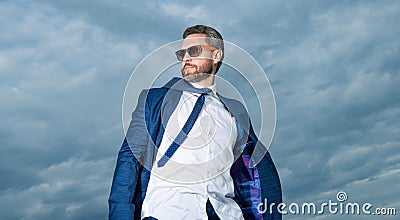 photo of mature boss in suit. boss in suit on sky background. boss in suit outdoor. Stock Photo