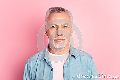Photo of mature man serious intelligent wear casual outfit marketer isolated over pink color background Stock Photo