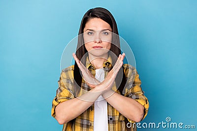 Photo of mature woman serious crossed hands refuse prohibition decline isolated over blue color background Stock Photo