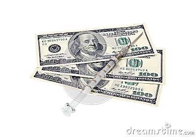 Photo of a medical syringe and paper money Stock Photo