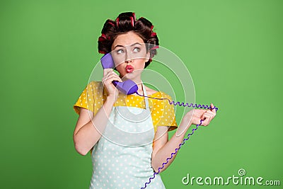 Photo minded girl call help line center decide home solution use telephone cord look copyspace wear yellow dotted dress Stock Photo