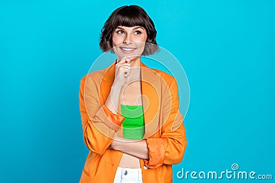 Photo of minded young happy woman look empty space dreamy lady isolated on pastel blue color background Stock Photo