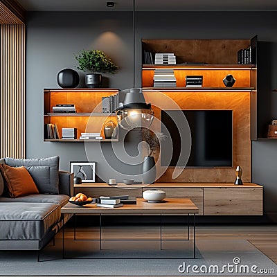 Photo Modern apartment interior living or bedroom, working table, furniture Stock Photo
