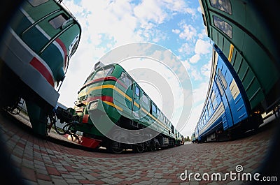 Photo of modern electric trains of Russian production. Strong distortion from the fisheye len Stock Photo