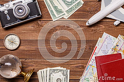 Photo of money, airplane, passports Stock Photo