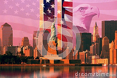 Photo montage: American flag and eagle, World Trade Center, Statue of Liberty Editorial Stock Photo