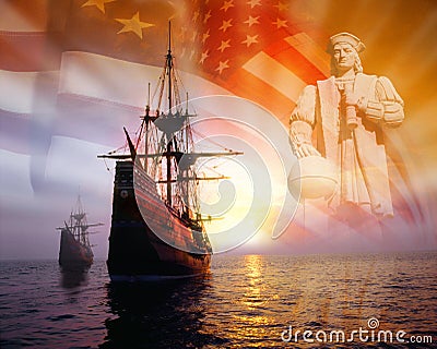 Photo montage: Christopher Columbus, American flag, sailing ships Stock Photo