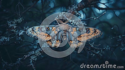 Photo of a moth blending into a tree branch at dusk, creating a mysterious and intriguing atmosphere Stock Photo