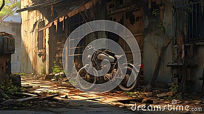 Photo of a motorcycle parked in front of a dilapidated building Stock Photo