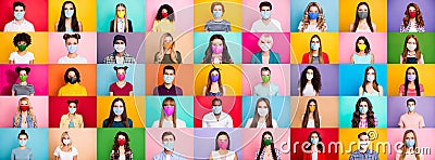 Photo multiple montage image of student kid afro human people of different age and ethnicity wearing surgical disposable Stock Photo