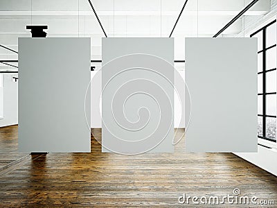 Photo museum interior in modern building.Open space studio. Empty white canvas hanging.Wood floor, bricks wall,panoramic Stock Photo