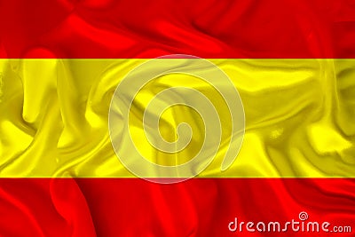 Photo of the national flag of the state of Spain on a luxurious texture of satin, silk with waves, folds and highlights, closeup, Cartoon Illustration