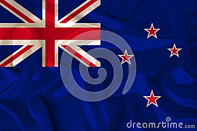 Photo of the New Zealand state national flag on a luxurious texture of satin, silk with waves, folds and highlights, close-up, Cartoon Illustration