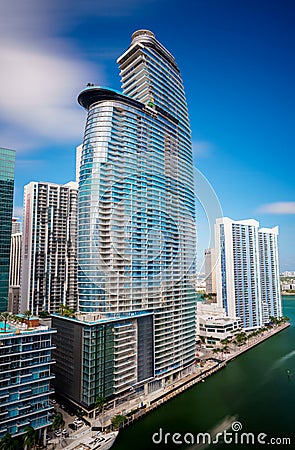 Photo of the newly built Aston Martin Residences Miami River. Long exposure water and sky blur Editorial Stock Photo